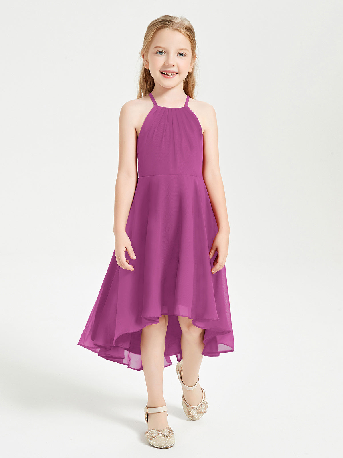Tea Length Junior Bridesmaid Dresses with Asymmetrical Skirts Orchid